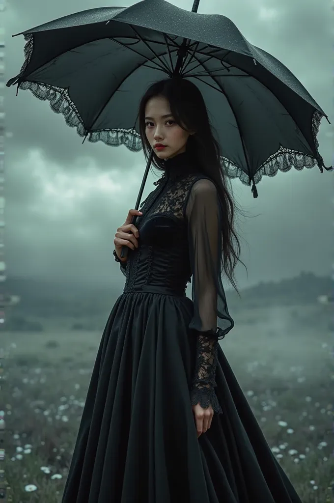 Create a woman with Asian features with brown skin wearing a gothic dress and a black umbrella that covers her from the sun