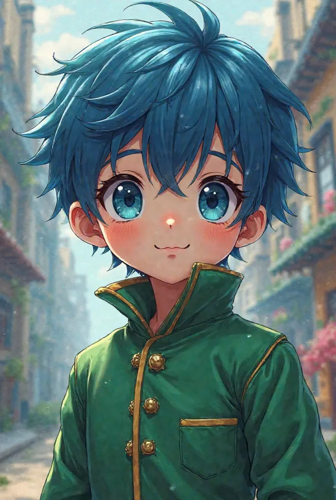  anime-style boy with blue hair and blue eyes and green clothes 