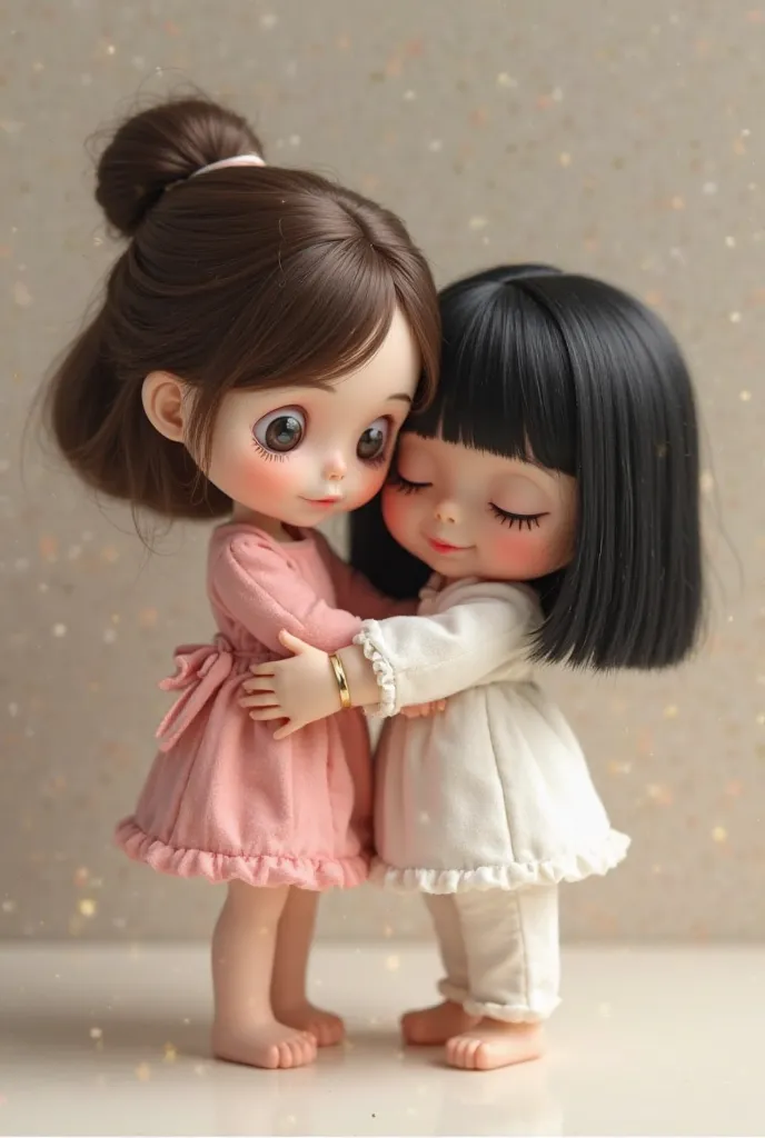 Create two Blythes dolls, one with dark brown hair with pink tied dress without accessories, and another with black hair and white clothes without accessories, The two hugging each other 