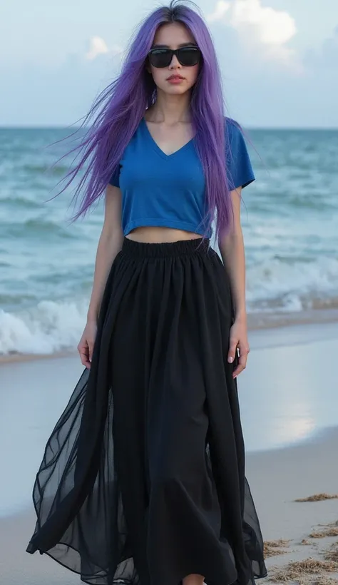 live action
female
Adult
26 years old
Black sunglasses
black sunglasses
purple hair
long hair
blue t-shirt
black skirt
long skirt
Mermaid long skirt
Covered legs with long skirt
Covered feets with long skirt