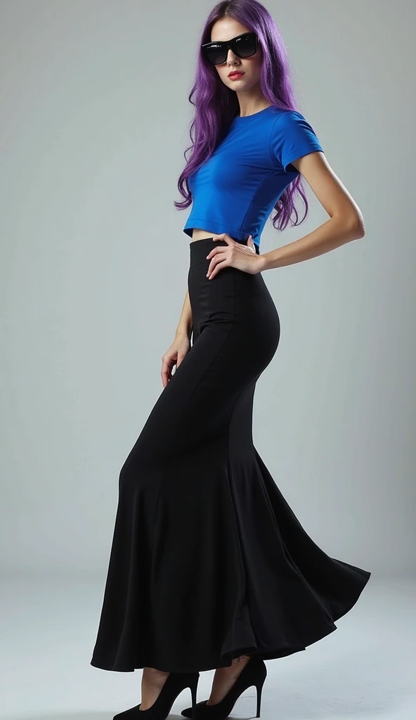 live action
female
Adult
26 years old
Black sunglasses
black sunglasses
purple hair
long hair
blue t-shirt
black skirt
long skirt
Mermaid long skirt
Covered legs with long skirt
Covered feets with long skirt
Black heels