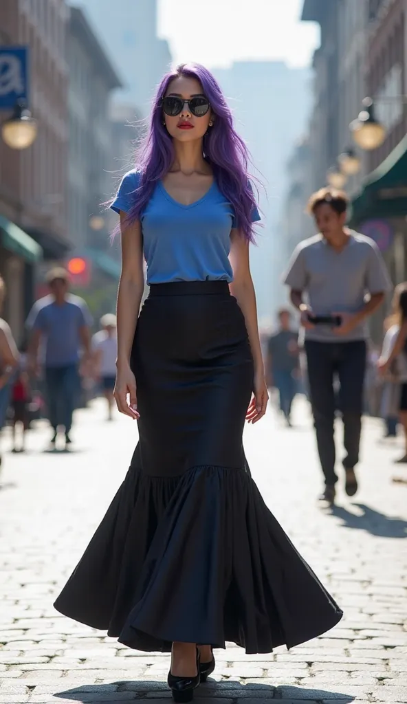 live action
female
Adult
26 years old
Black sunglasses
black sunglasses
purple hair
long hair
blue t-shirt
black skirt
long skirt
Mermaid long skirt
Covered legs with long skirt
Covered feets with long skirt
Black heels
City
Street
Square