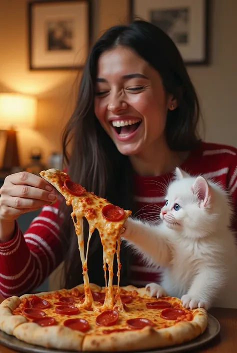 A young woman with long dark hair, wearing a red and white striped sweater, is sitting at a cozy dining table in a warmly lit room. She is laughing joyfully while holding a slice of cheesy pepperoni pizza, stretching the melted cheese. A fluffy white kitte...