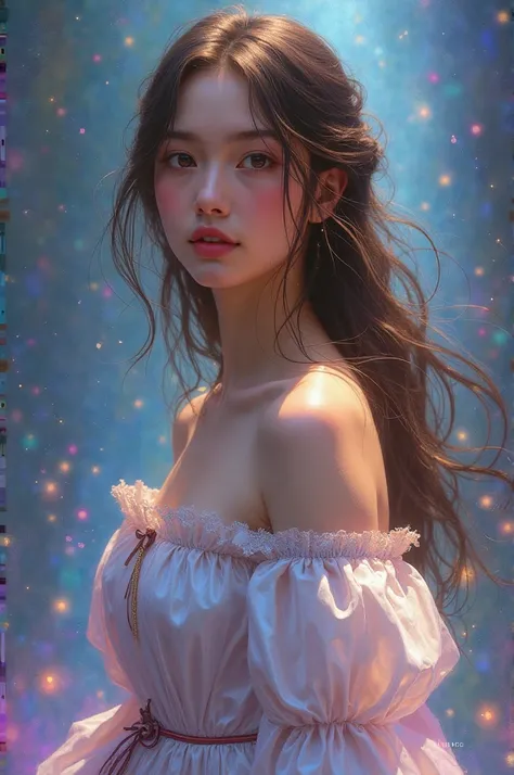 Art of a hyperrealist woman influenced by classical oil painting and baroque art, but with a modern and softened hyper-realistic. young and beautiful, wearing a long and modest dress with ethereal details. The iridescent fabric reflects lights in shades of...