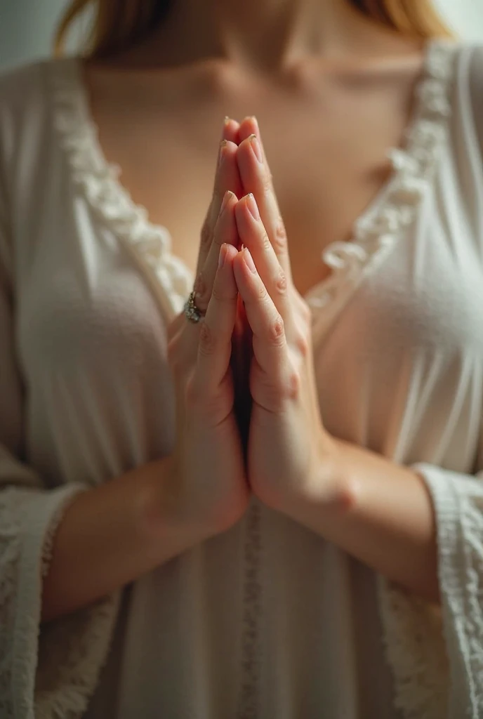 A woman's hands together in an attitude of prayer, with a soft light illuminating them from above."