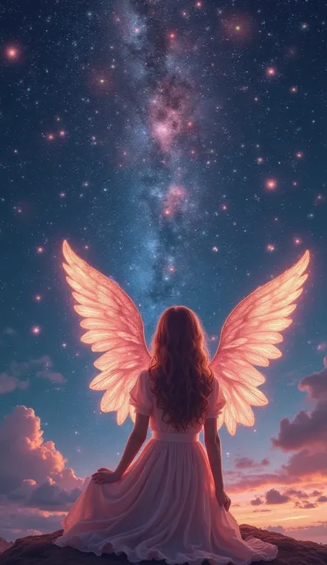 Fantastic Space　Night Sky　is flying。
Beautiful and pretty woman sitting in front of a star-shaped pink gold　has a pink gold star on her hand。Smile style　Open your eyes　 looks up　angel wings or wings flapping　stars twinkle and sparkle　I can see shooting sta...