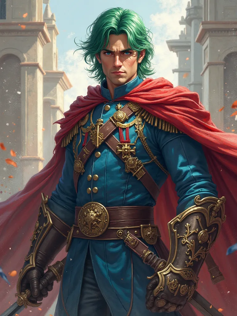 male character, masterpiece, super detailed, holding short sword in one hand and shield with coat of arms in the other, maximum digital quality, (blue military uniform), (green hair), (red fabric tied on left shoulder), (red cape), blue eyes