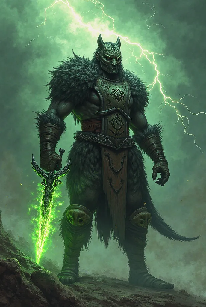 A human warrior in a furry suit of armor, with a helmet,  your face should not show, he has a black sword that is on green flames, Is a lightning storm behind him.