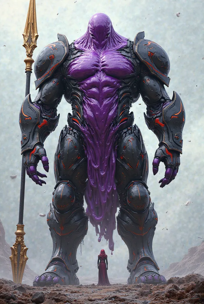 Make a purple slime the size of a person wearing armor that's black and red and make it so her's the size of a average women that's separated and a giant gold spear