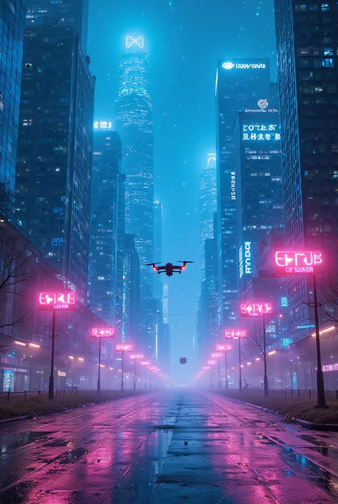 "A futuristic metropolis at night, signs with tall skyscrapers covered in glowing holograms and blue neon, purple and pink. Wet streets reflect the intense lights of the, as drones fly across the misty sky. The atmosphere is vibrant and immersive, capturin...