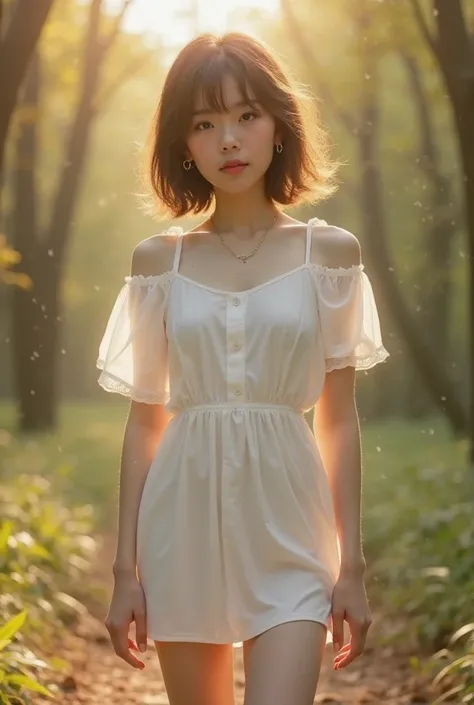 Photorealistic，Ultra high resolution，highest quality，best quality，8k，  RAW photos  ，super detailed，ultra-high resolution，(Incredibly cute Japanese real girl)，whole body，1 person ，facing forward，  Standing in the woods early in the morning  ，Bright sunlight...