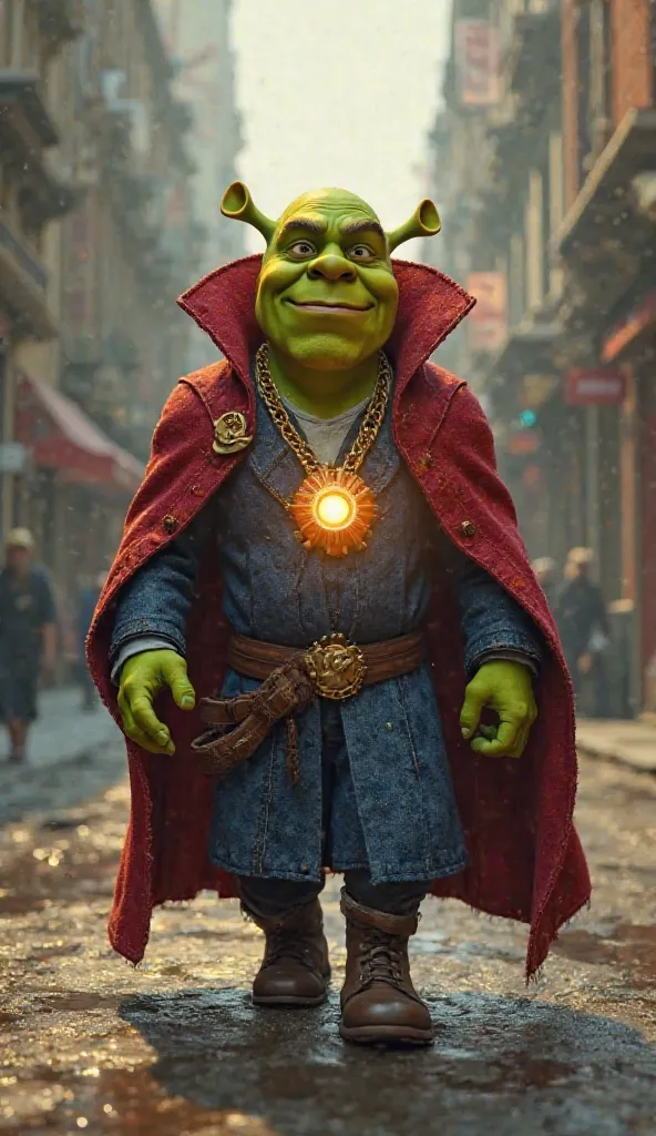 Marvel's Doctor Strange with the eye of Agamotto (Shrek version) walking toward the realistic full body camera 