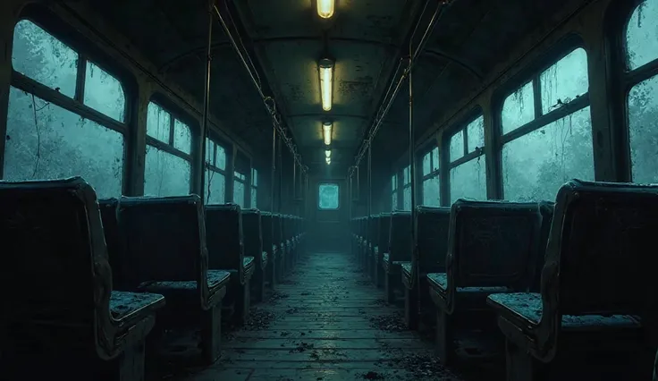 Anime style illustration of a first-person perspective (POV) inside an old, abandoned Japanese train at midnight. The camera captures the eerie interior, where the seats are covered in thick dust and cobwebs, as if the train hasn’t moved in decades. The di...