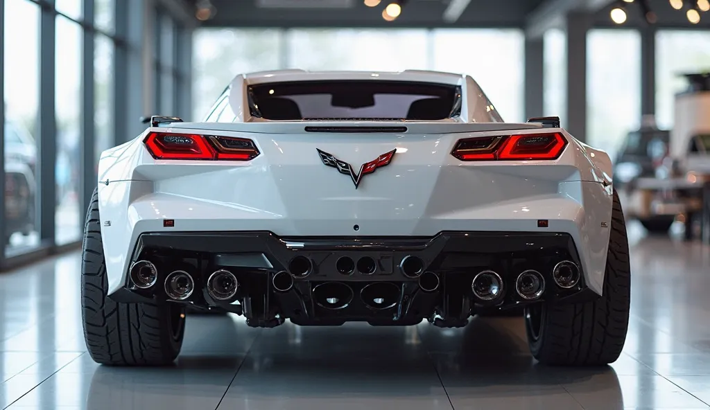 "A futuristic high-performance pickup truck inspired by the Corvette design, featuring an aggressive wide-body kit, quad exhaust tips, LED taillights, and a muscular rear bumper. The tailgate has a bold Corvette-style badge, and the truck is finished in gl...