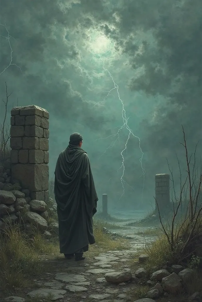 Create a picture that describes this scene after the storm. There are still stones bearing the names of those who thought they were immortal. Saleh passes by, touches the hidden spirit in the corner.: . Did you see them hear the sound of elegance before th...