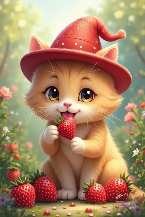 Cute cat in red hat eating red strawberrie