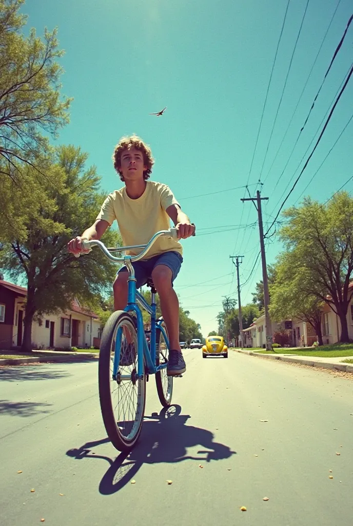 "throw: You ride your blue BMX bike down a quiet street from the 80s. In front of you, simple houses with low walls and ren playing ball on the sidewalk. The blue sky contrasts with the trees that sway in the light wind. A yellow Beetle flies slowly, while...