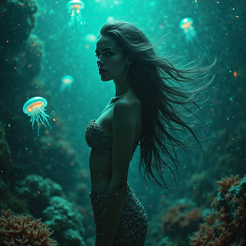 Dark aesthetic mermaid with jellyfish floating around her acting as light source. She is beautiful. Colour palette green and blues. Coral in background. Her face is angry, jellyfish glow neon blue add a contrast of orange to coral, very Long Hair,Backlight...