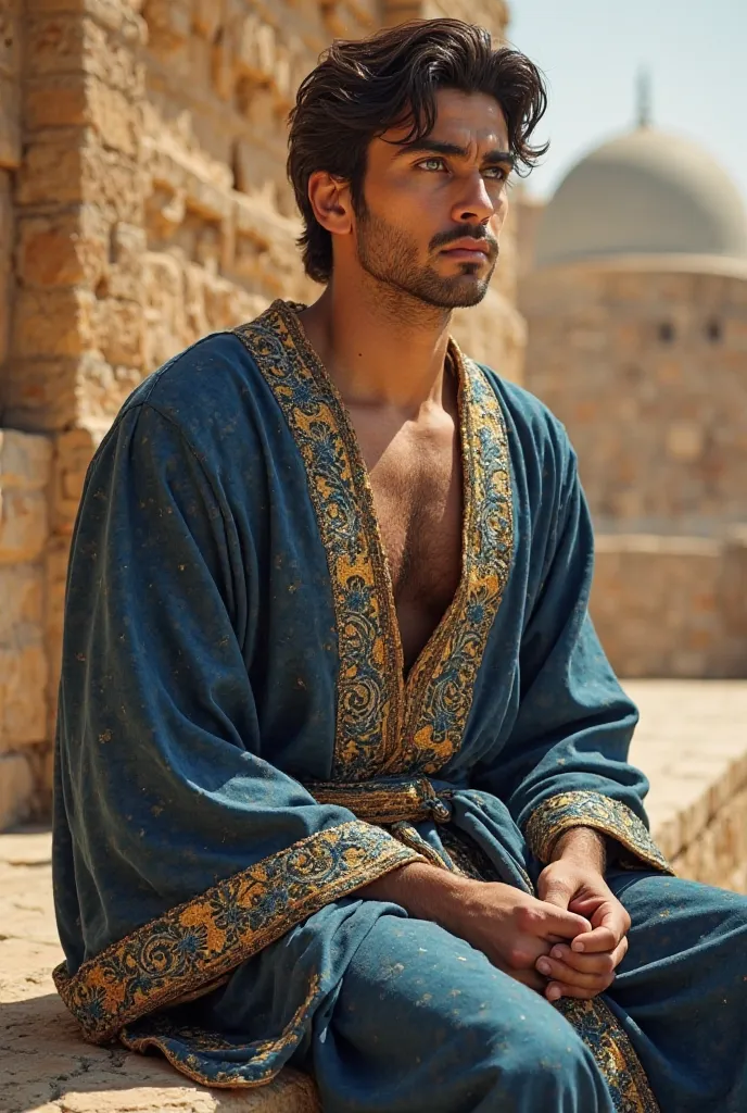  A wealthy young man from ancient Jerusalem,  ABOUT 25 YEARS OLD , with well-groomed dark brown hair and deep green eyes. His Middle Eastern features are refined, with a strong chin and a thoughtful expression. He wears a luxurious robe embroidered in shad...