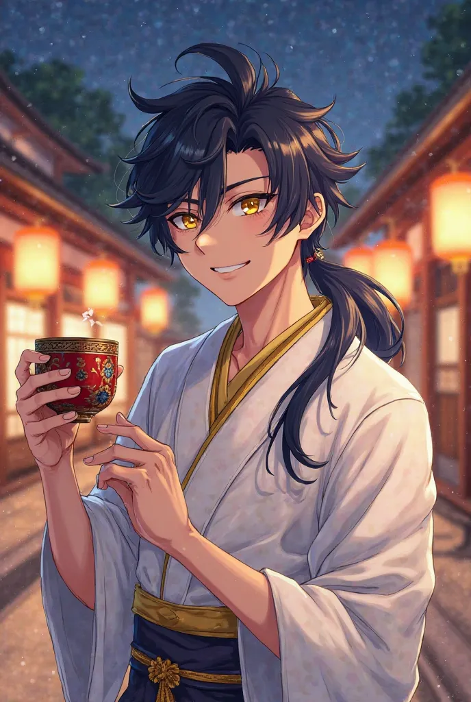 A man with masculine features styled in the anime style, wearing a white kimono with gold details. he has long hair, dark blue with black tips and messy, with spiky threads that spread in various directions and shimmering golden eyes.. The young man flaunt...