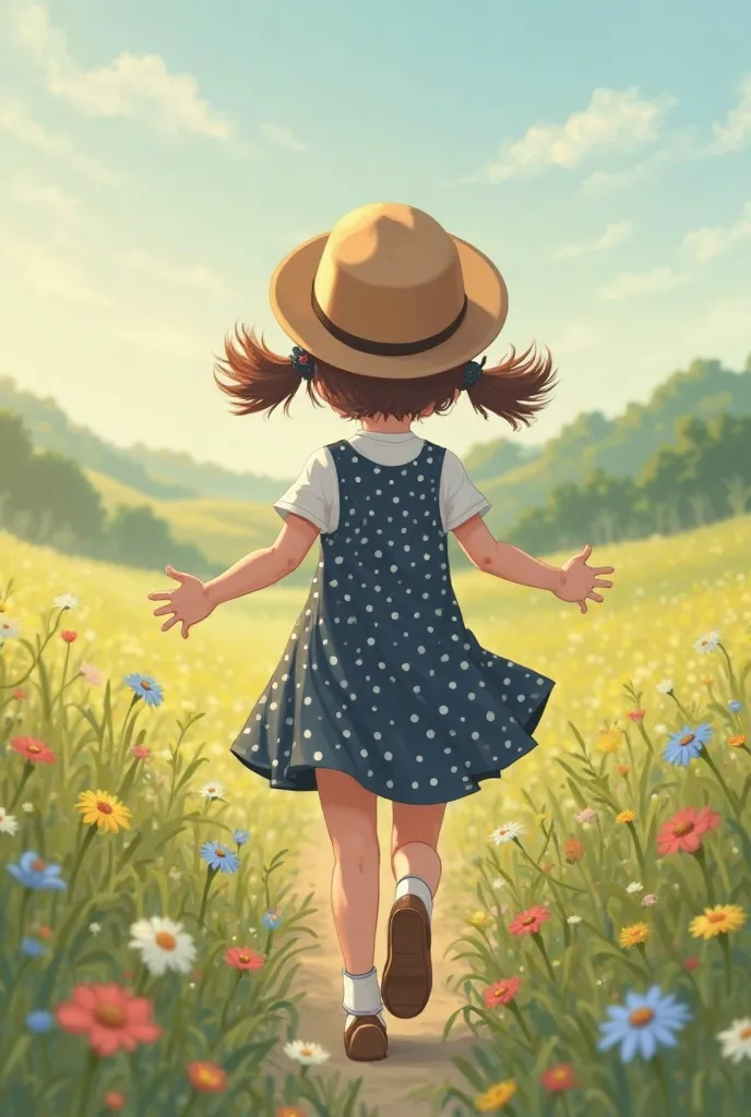 A girl running into the horizon in a hat, two brown pigtails, in a dark blue short polka dot dress. She's turned her back like this, that you can't see the face.  Each hand has 5 fingers . There is a meadow with flowers all around