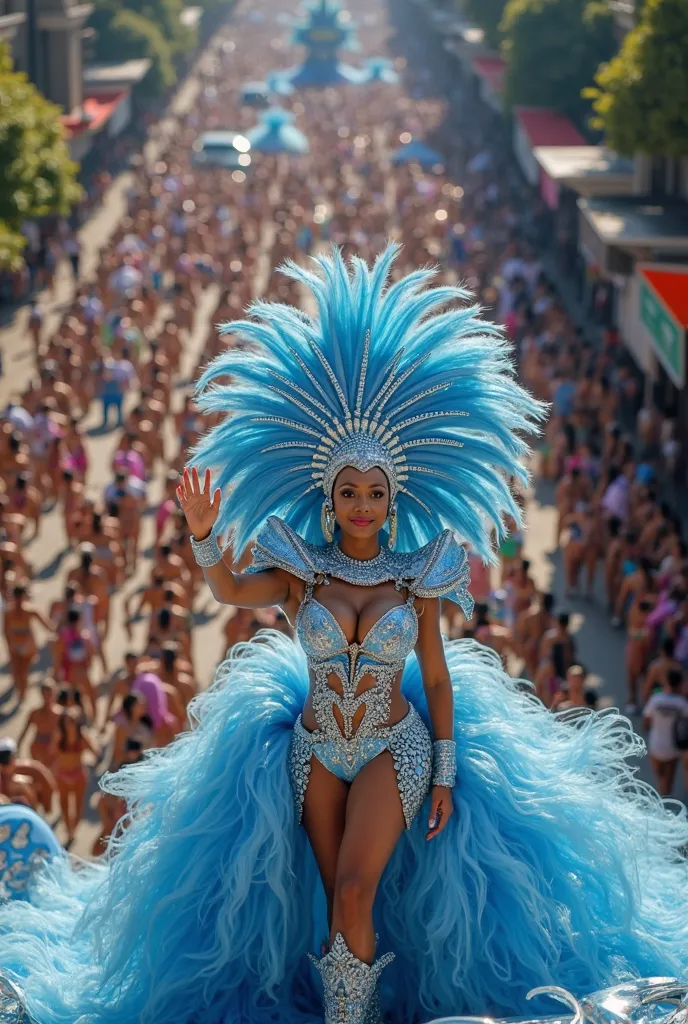 A stunning aerial view of the Rio Carnival parade, with thousands of dancers in revealing costumes, colorful costumes moving rhythmically through the streets. A curvy woman in a stunning blue and white samba costume waves to the crowd from a float., her he...