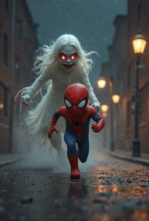 "After the terrifying ghostly girl appears, she starts chasing the small Spider-Man, who, in fear, begins to run as fast as he can. The ghost, with her white hair and fiery eyes, follows closely behind him, her face twisted in an angry, frightening express...