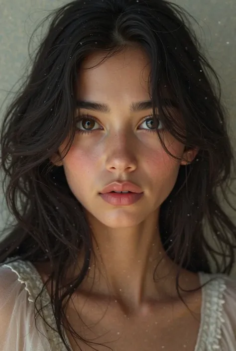  A  girl with black hair, white skin, big eyes, medium nose and Arabic features