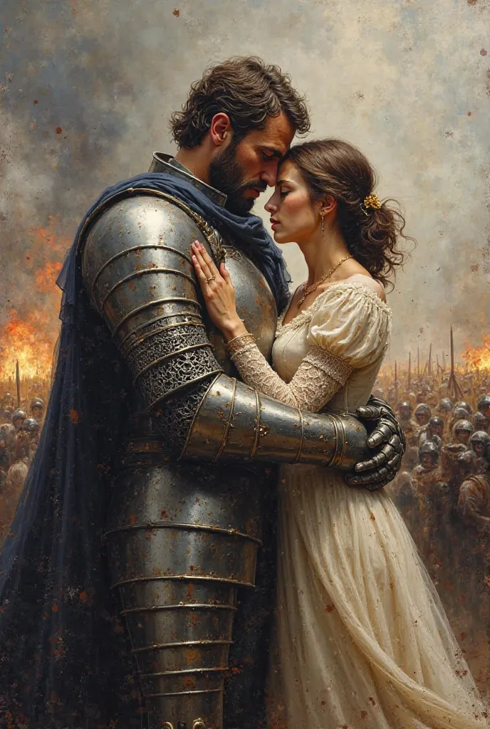 A knight in armor holding his lady in his arms in a war in the background 