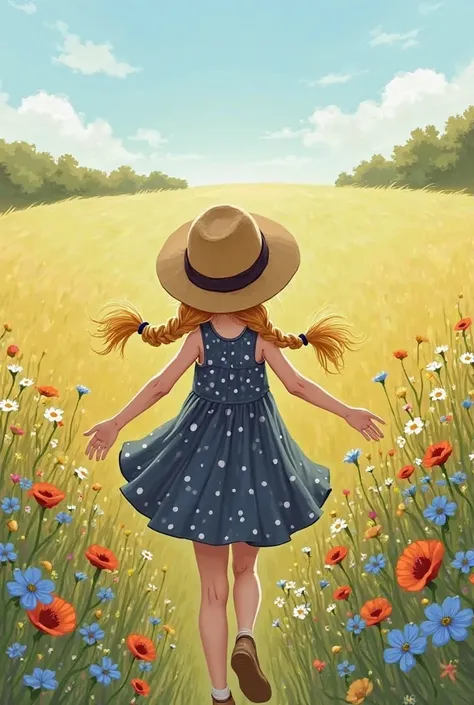 A girl running into the horizon in a hat, two long blond braids, in a dark blue short polka dot dress. on each hand She's turned her back like this, that you can't see the face.  There is a meadow with cornflowers around, daisies and poppies