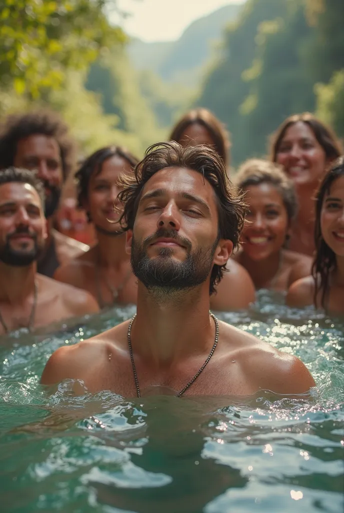 WHITE MAN BEING BAPTIZED IN THE WATERS AND PEOPLE SMILING IN THE BACKGROUND