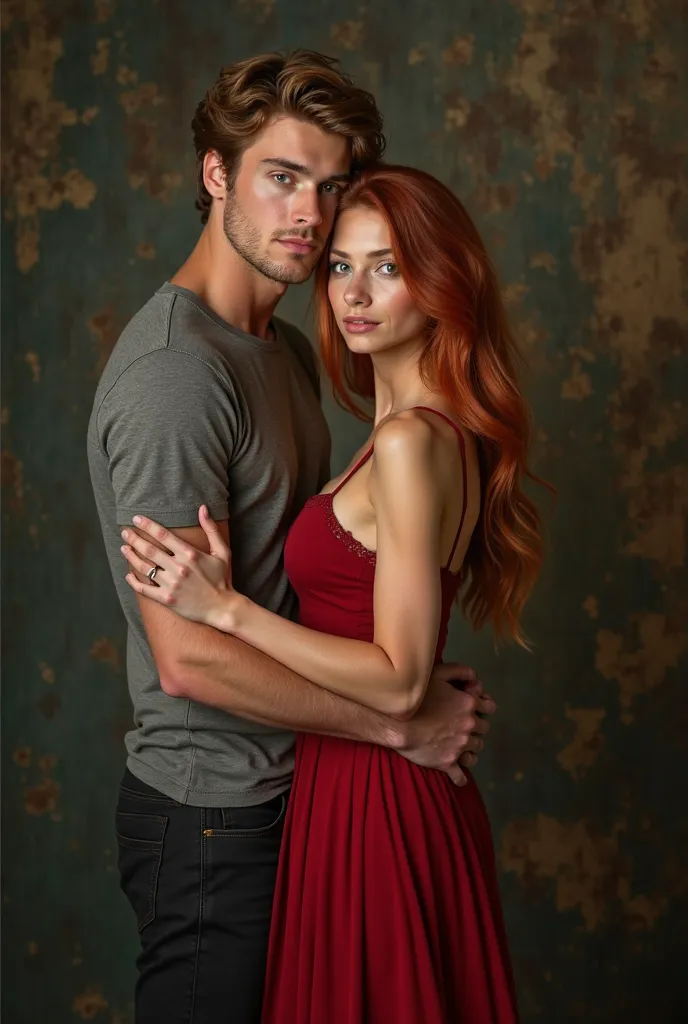 Tall American man short light brown hair. strong body and short blond hair. green eyes. blouse a red-haired woman, young long haired young man wearing a long red dress. him holding her waist , He is tall and his body is defended. Very beautiful and new. 
C...