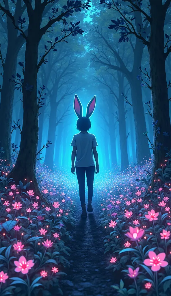 a person standing in the middle of a field of flowers, ears shine through the light, deep forest in the night, anime color palette, bioluminescent lighting, rabbit warrior, comic page, without text, glowing blue veins, ( ( fantasy plants ) ), descent, resi...