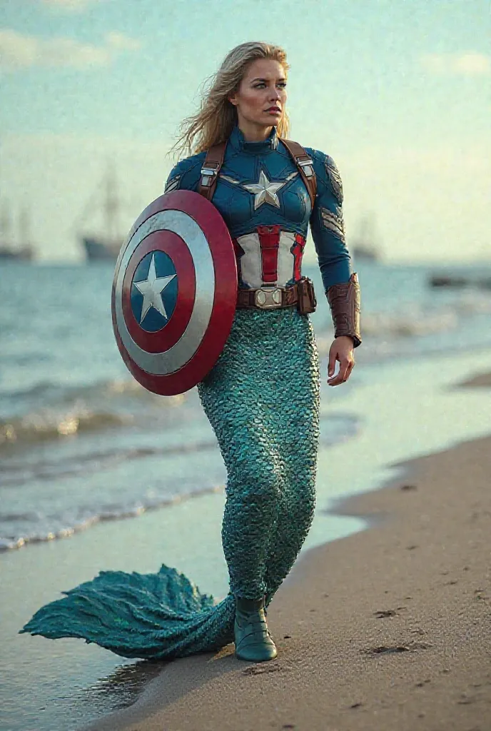 Captain America on the shore, with the lower half of a mermaid and the upper half as Captain America.
