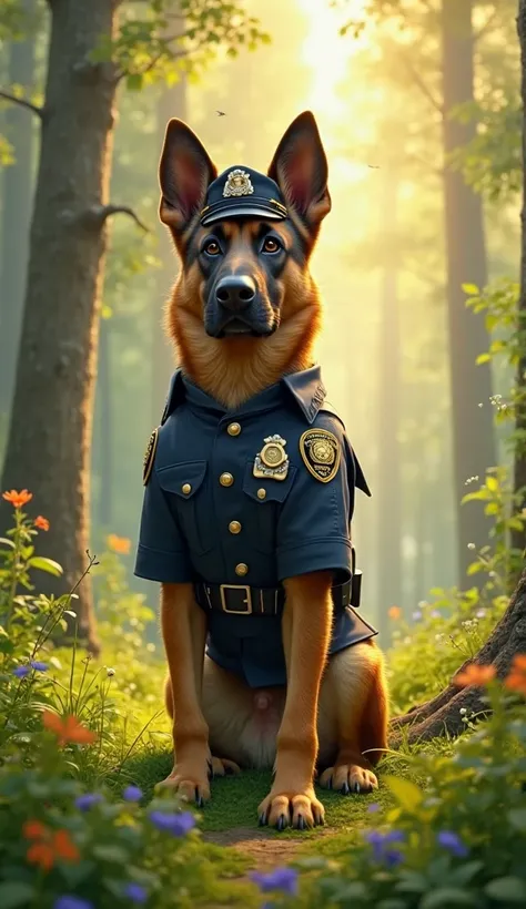 A dog in a police uniform in a very bright forest  