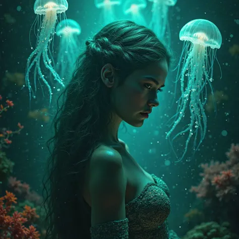 Dark aesthetic mermaid with jellyfish floating around her acting as light source. She is beautiful. Colour palette green and blues. Coral in background. Her face is angry, jellyfish glow neon blue add a contrast of orange to coral, very Long Hair,Backlight...