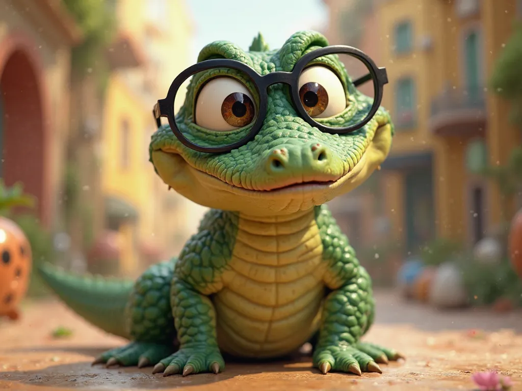 Little alligator with glasses ,mischievous funny Pixar humor 