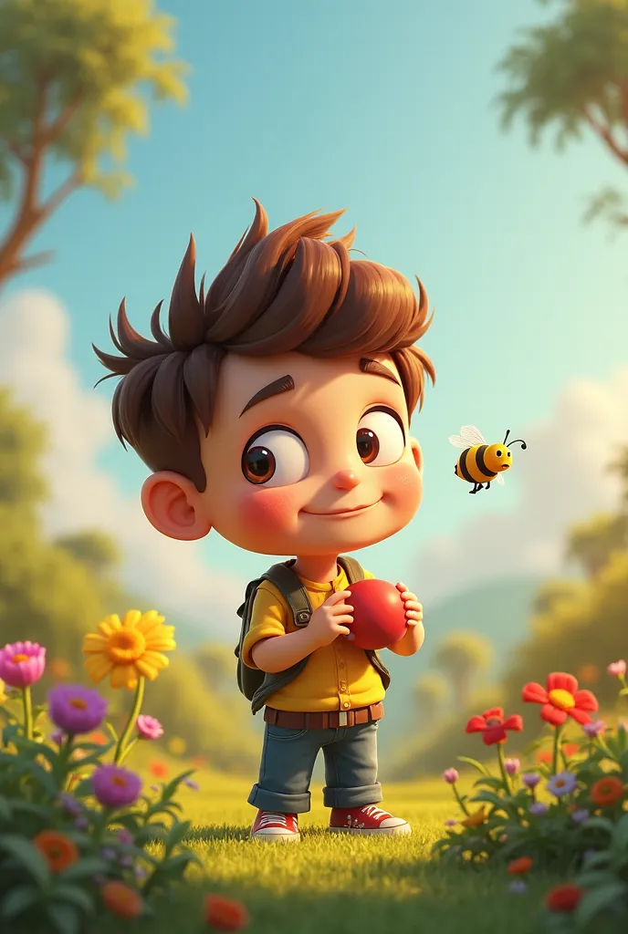 a cartoon boy standing in a garden with a bee and a The letter A , painting by Alexey Venetsianov,  trends on ArtStation , digital art, the The letter A , The letter A , ren&#39;s art on artstation, official work,   3-d mobile game icons  , cartoon art sty...