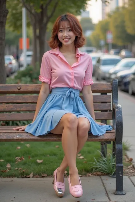 photo-realistic, ultra-realistic, very beautiful Japanese dancer,dramatic scene, masterpiece, pink shirt, blue skirt, pink Mary Jane tap shoes. Suntan pantyhose, metal dance plates attached to the toes and heels of the tap shoes, happy alone on a park benc...