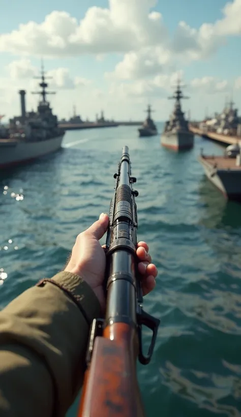 "Ultra-realistic first-person view, I am an American soldier sprinting to Pearl Harbor docks, my hands holding a rifle in my view, my POV scanning battleships ahead, my fingers gripping tighter, ocean horizon in sight, hyper-detailed hands and gun, 4K dyna...