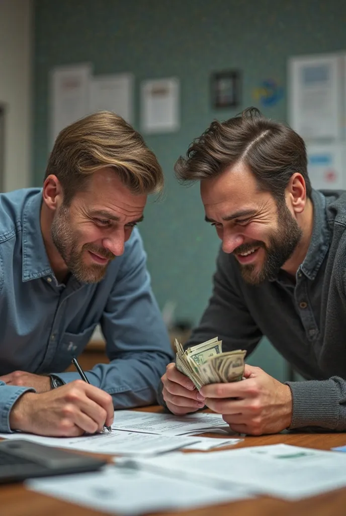 Person reviewing their payroll with a disappointed face and another Person counting money with a smile, but with papers and calculations around them