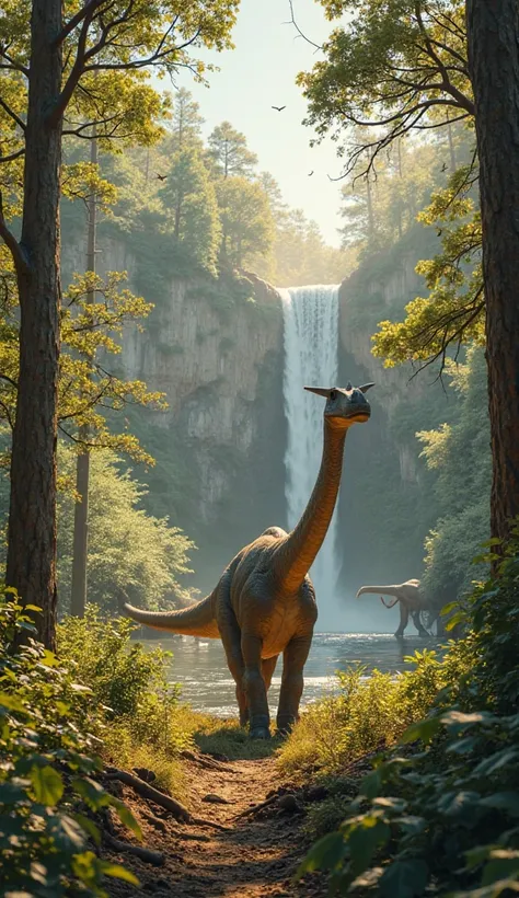 A vibrant Cretaceous-era forest with a tall sauropod dinosaur walking gracefully between ancient trees. A waterfall cascades in the background, while other dinosaurs roam peacefully. The scene is bathed in warm, golden sunlight, enhancing the prehistoric b...