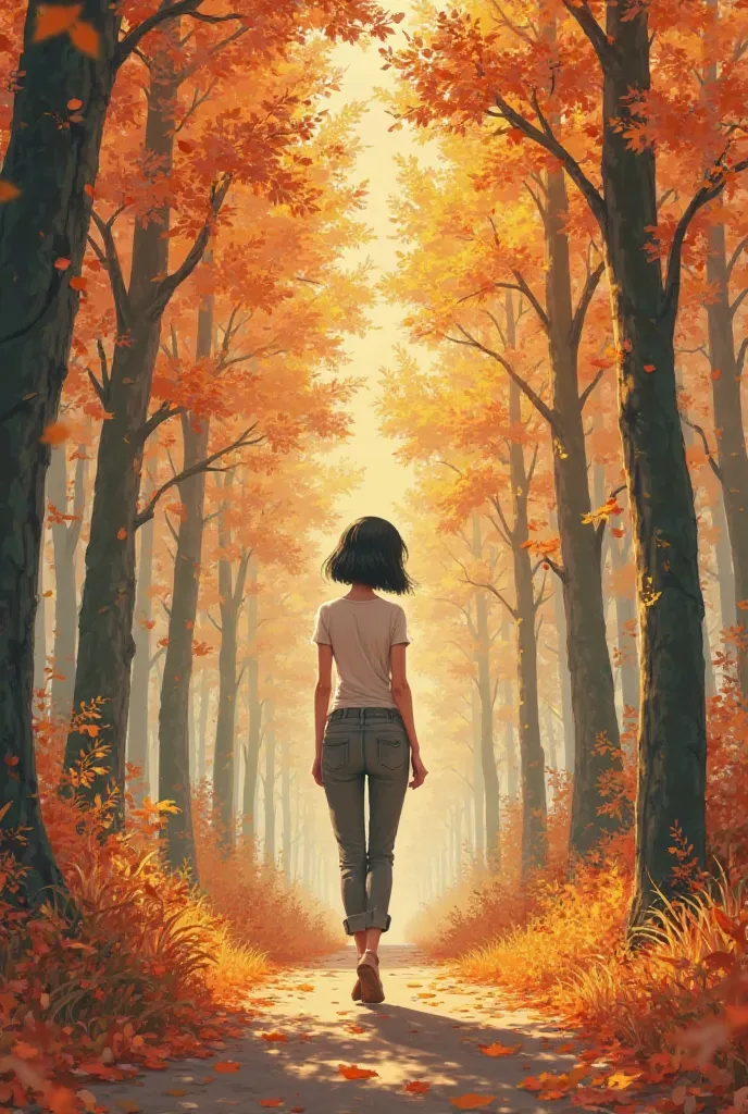 Lovely autumn trees、 woman with a short bob is walking