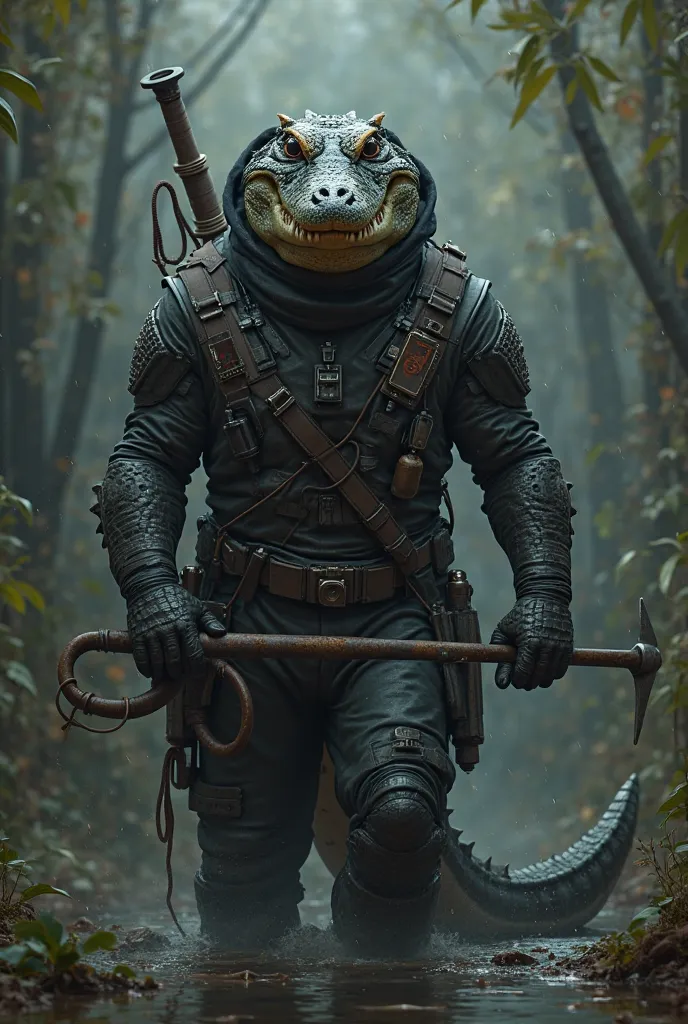 A highly detailed and realistic digital painting of various animals depicted as assassins, each with unique deadly attire and weaponsA crocodile in a shadowy wetsuit, equipped with a harpoon.