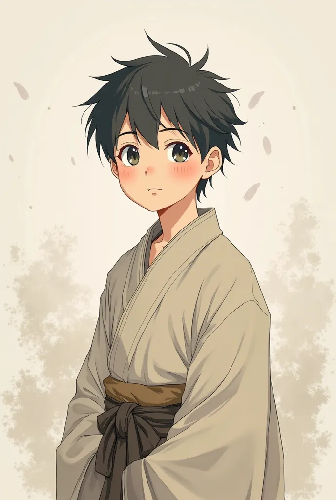 Portray a young Zen monk from the Japanese SotoSu school in anime style. . He has a serene and contemplative appearance, with soft lines and expressive eyes that convey inner peace.  His hair is short and slightly messy , typical of a monk in training. Dre...