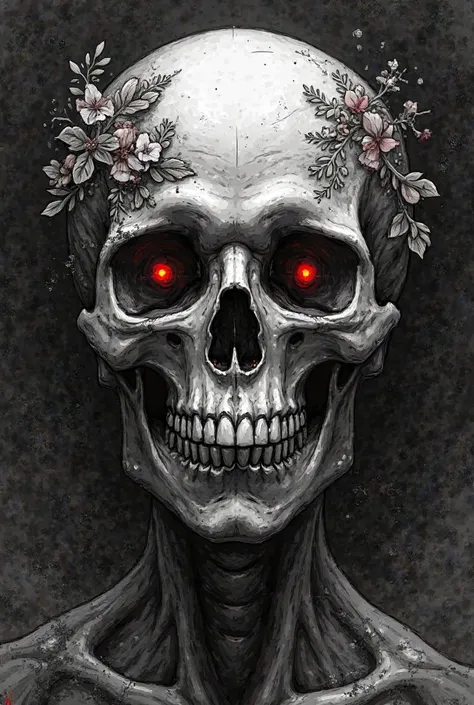 "A highly detailed, hand-drawn skull with intricate floral patterns, glowing red eyes, and dark gothic vibes. Black and white with deep shadows and high contrast for a dramatic effect."
