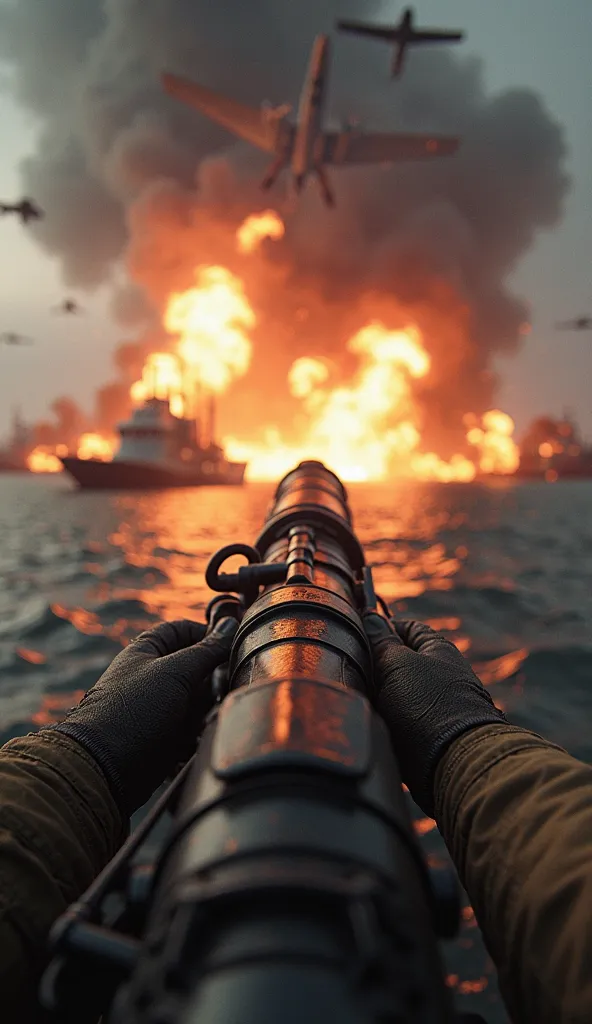 "Hyper-realistic first-person view, I am an American soldier during the Pearl Harbor attack, my hands loading an anti-aircraft gun in front of me, my POV tracking planes overhead, explosions flashing in my sight, my fingers sweaty on the trigger, ultra-det...