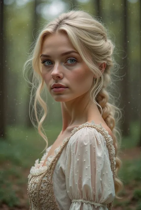 I want the image of a 23-year-old woman, With very light skin, very light and smooth blond hair, His eyes are a very dark blue. Her features are feminine and delicate and she wears vintage village clothes.  He is standing in a forest .