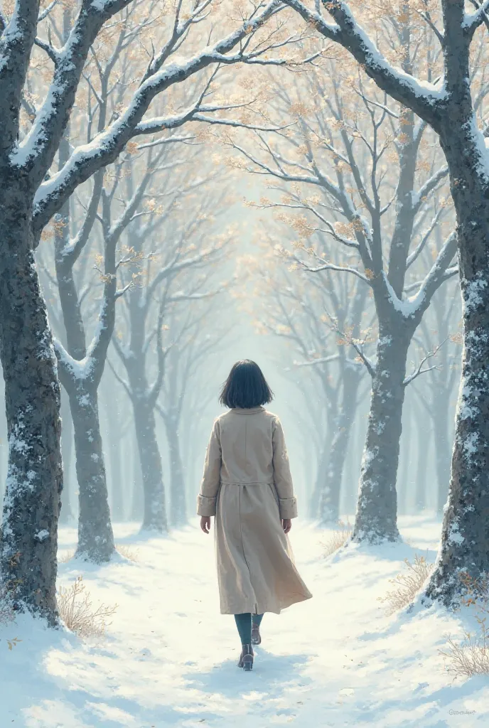 Lovely winter trees、 woman with a short bob is walking