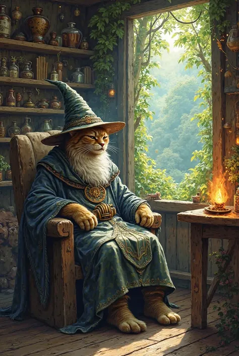 Make a cat wizard sitting on a wooden chair in a cabin at the forest